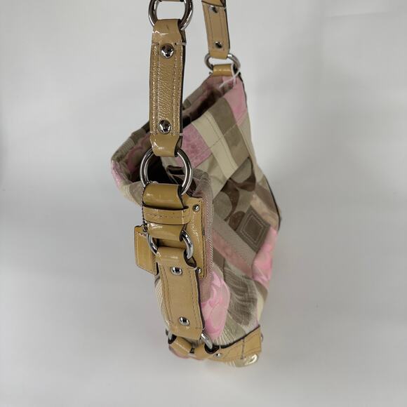 Coach Patchwork Shoulder Bag Pink Tan Multi Fabric Leather Trim 14”x10” - Picture 4 of 7